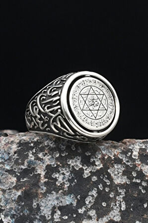 Çift Tarafli Hz. Süleyman Mührü 925 Ayar Gümüş Erkek Yüzüğü Kelime-İ Tevhid Yazlı 901047