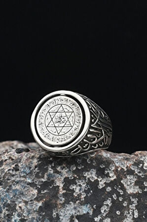 Çift Tarafli Hz. Süleyman Mührü 925 Ayar Gümüş Erkek Yüzüğü Kelime-İ Tevhid Yazlı 901047