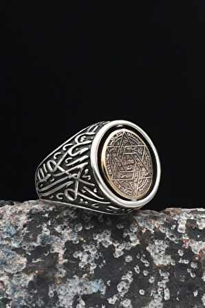 Çift Tarafli Hz. Süleyman Mührü 925 Ayar Gümüş Erkek Yüzüğü Kelime-İ Tevhid Yazlı 901047