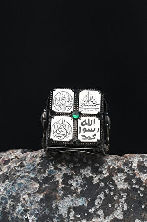 Hasbiyallah ve Mührü Şerif ve La Galibe Illallah ve Maşallah Yazlı Gümüş Erkek Yüzüğü