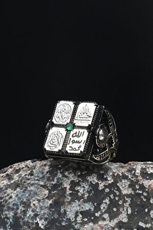 Hasbiyallah ve Mührü Şerif ve La Galibe Illallah ve Maşallah Yazlı Gümüş Erkek Yüzüğü