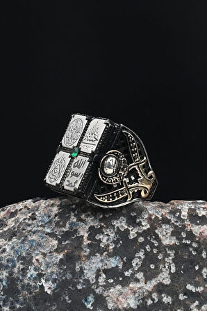 Hasbiyallah ve Mührü Şerif ve La Galibe Illallah ve Maşallah Yazlı Gümüş Erkek Yüzüğü