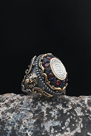 Hz. Süleyman Mührü Sıkma Kehribar Taşlı Aslan Figürlü 925 Ayar Gümüş Erkek Yüzüğü