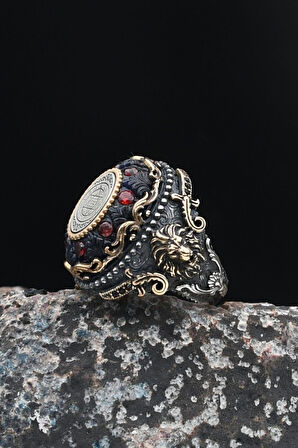 Hz. Süleyman Mührü Sıkma Kehribar Taşlı Aslan Figürlü 925 Ayar Gümüş Erkek Yüzüğü