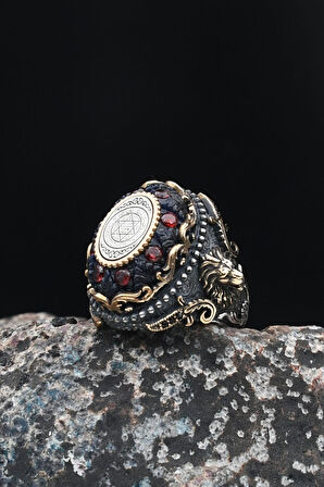 Hz. Süleyman Mührü Sıkma Kehribar Taşlı Aslan Figürlü 925 Ayar Gümüş Erkek Yüzüğü