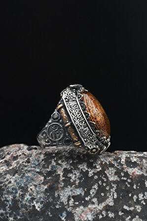 Özel Tasarım Inşirah Suresi Gümüş Erkek Yüzüğü Allah ve Muhammed ve Kelime-İ Tevhid Yazlı