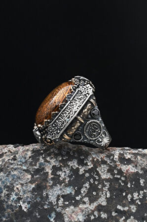 Özel Tasarım Inşirah Suresi Gümüş Erkek Yüzüğü Allah ve Muhammed ve Kelime-İ Tevhid Yazlı