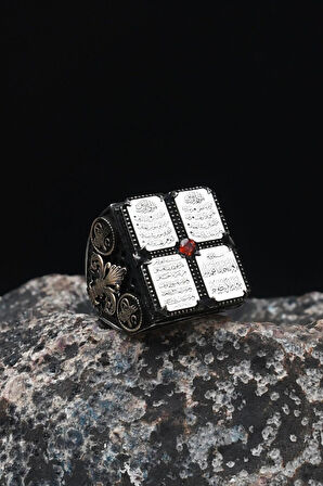 Nas ve Felak ve İhlas Sureleri 925 Ayar Gümüş Erkek Yüzüğü Tuğralı