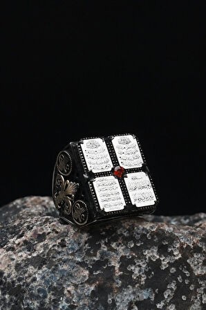 Nas ve Felak ve İhlas Sureleri 925 Ayar Gümüş Erkek Yüzüğü Tuğralı