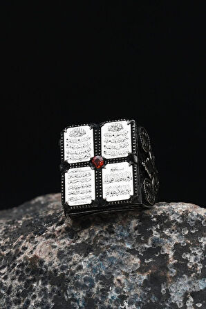 Nas ve Felak ve İhlas Sureleri 925 Ayar Gümüş Erkek Yüzüğü Tuğralı