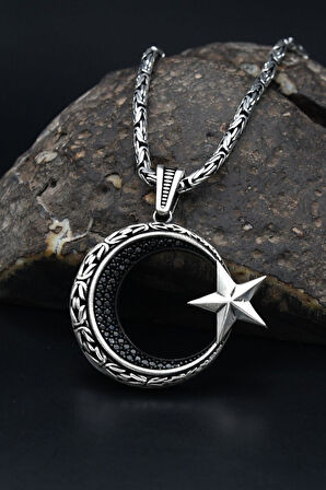 Ay Yıldızlı (AYYILDIZLI) Zirkon Taş Süslemeli Kral Zincirli 925 Ayar Gümüş Kolye 901077
