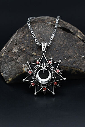 Ay Yıldızlı (AYYILDIZLI) Zirkon Taş Süslemeli Kral Zincirli 925 Ayar Gümüş Kolye 901080