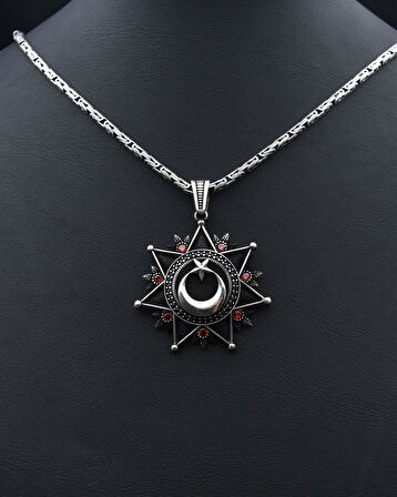 Ay Yıldızlı (AYYILDIZLI) Zirkon Taş Süslemeli Kral Zincirli 925 Ayar Gümüş Kolye 901080