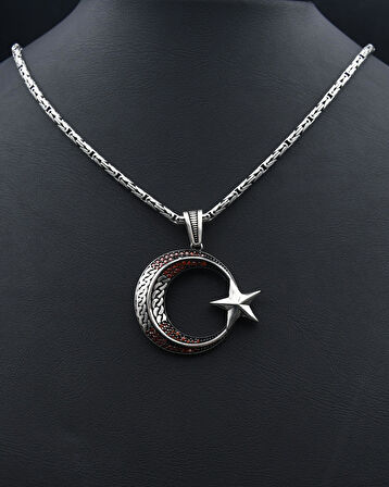 Ay Yıldızlı (AYYILDIZLI) Zirkon Taş Süslemeli Kral Zincirli 925 Ayar Gümüş Kolye 901081