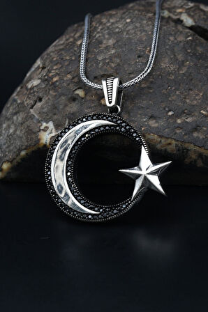 Ay Yıldızlı (AYYILDIZLI) Siyah Zirkon Taş Süslemeli 925 Ayar Gümüş Kolye Zincir 901111