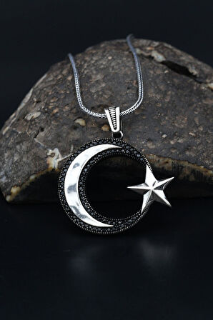 Ay Yıldızlı (AYYILDIZLI) Siyah Zirkon Taş Süslemeli 925 Ayar Gümüş Kolye Zincir 901111