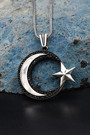 Ay Yıldızlı (AYYILDIZLI) Siyah Zirkon Taş Süslemeli 925 Ayar Gümüş Kolye Zincir 901111