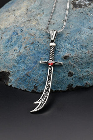 Hz. Ali Zülfikar Kılıcı Kırmızı Zirkon Taşlı 925 Ayar Gümüş Erkek Kolye Zincir 901112