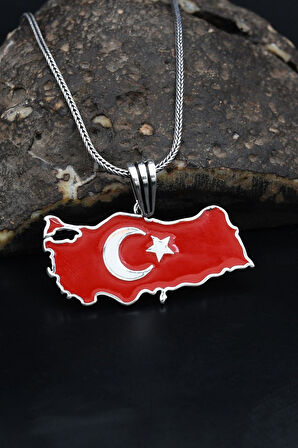 Türk Bayrağı ( Ay Yıldızlı ) Mineli  925 Ayar Gümüş Kolye Zincir 901119