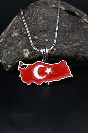 Türk Bayrağı ( Ay Yıldızlı ) Mineli  925 Ayar Gümüş Kolye Zincir 901119