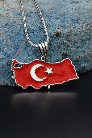 Türk Bayrağı ( Ay Yıldızlı ) Mineli  925 Ayar Gümüş Kolye Zincir 901119