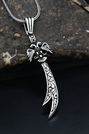 Çift Başlı Kartal (SELÇUKLU KARTALI) ve Hz. Ali Zülfikar Kılıcı 925 Ayar Gümüş Erkek Kolye Zincir 901122