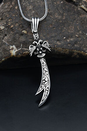 Çift Başlı Kartal (SELÇUKLU KARTALI) ve Hz. Ali Zülfikar Kılıcı 925 Ayar Gümüş Erkek Kolye Zincir 901122