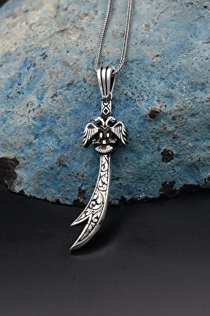 Çift Başlı Kartal (SELÇUKLU KARTALI) ve Hz. Ali Zülfikar Kılıcı 925 Ayar Gümüş Erkek Kolye Zincir 901122