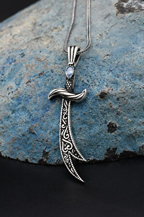 Hz. Ali Zülfikar Kılıcı Aquamarine (AQUA MARİN) Taşlı Erkek Kolye Zincir 925 Ayar Gümüş 901128