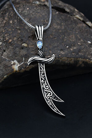 Hz. Ali Zülfikar Kılıcı Aquamarine (AQUA MARİN) Taşlı Erkek Kolye Zincir 925 Ayar Gümüş 901128
