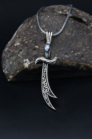 Hz. Ali Zülfikar Kılıcı Aquamarine (AQUA MARİN) Taşlı Erkek Kolye Zincir 925 Ayar Gümüş 901128
