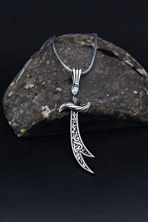 Hz. Ali Zülfikar Kılıcı Aquamarine (AQUA MARİN) Taşlı Erkek Kolye Zincir 925 Ayar Gümüş 901128