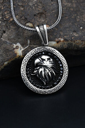 Grek Desenli Kartal Figürlü Mikro taş Süslemeli 925 Ayar Gümüş Kolye Zincir 901131