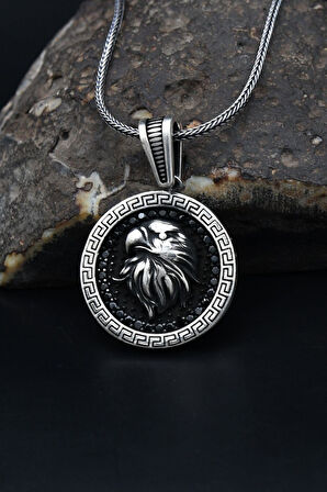 Grek Desenli Kartal Figürlü Mikro taş Süslemeli 925 Ayar Gümüş Kolye Zincir 901131