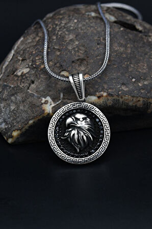 Grek Desenli Kartal Figürlü Mikro taş Süslemeli 925 Ayar Gümüş Kolye Zincir 901131