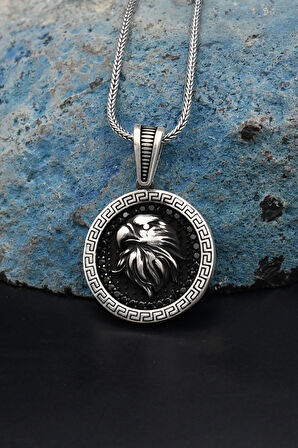 Grek Desenli Kartal Figürlü Mikro taş Süslemeli 925 Ayar Gümüş Kolye Zincir 901131