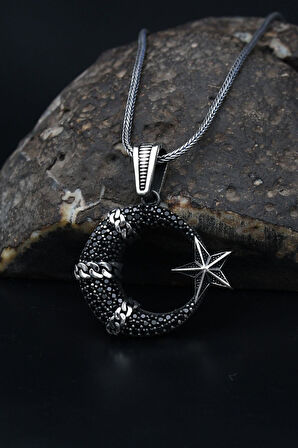 Ay Yıldızlı (AYYILDIZLI) Siyah Mikro Taş Süslemeli 925 Ayar Gümüş Kolye Zincir 901136