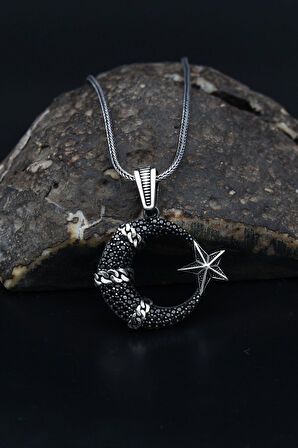Ay Yıldızlı (AYYILDIZLI) Siyah Mikro Taş Süslemeli 925 Ayar Gümüş Kolye Zincir 901136