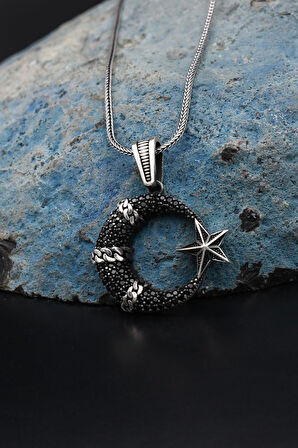 Ay Yıldızlı (AYYILDIZLI) Siyah Mikro Taş Süslemeli 925 Ayar Gümüş Kolye Zincir 901136