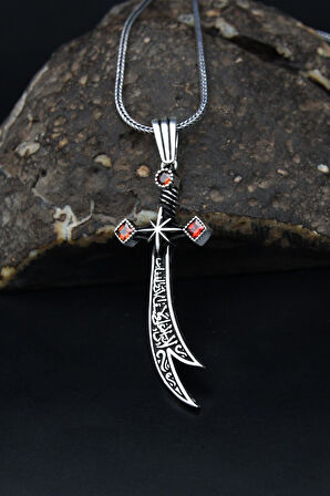 Hz. Ali ( Zülfikar Kılıcı ) Kırmızı Zirkon Taşlı Erkek Kolye Zincir 925 Ayar Gümüş 901140