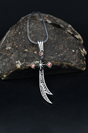 Hz. Ali ( Zülfikar Kılıcı ) Kırmızı Zirkon Taşlı Erkek Kolye Zincir 925 Ayar Gümüş 901140