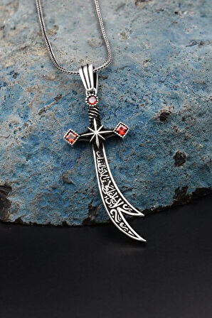 Hz. Ali ( Zülfikar Kılıcı ) Kırmızı Zirkon Taşlı Erkek Kolye Zincir 925 Ayar Gümüş 901140