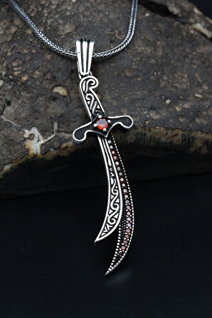 Kırmızı Zirkon Taşlı Hz. Ali (Zülfikar Kılıcı) Erkek Kolye Zincir 925 Ayar Gümüş 901143