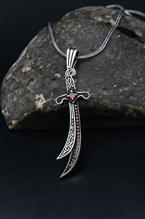 Kırmızı Zirkon Taşlı Hz. Ali (Zülfikar Kılıcı) Erkek Kolye Zincir 925 Ayar Gümüş 901143