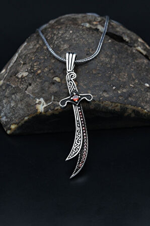 Kırmızı Zirkon Taşlı Hz. Ali (Zülfikar Kılıcı) Erkek Kolye Zincir 925 Ayar Gümüş 901143