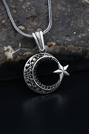 Ay Yıldızlı (AYYILDIZLI) 925 Ayar Gümüş Kolye Zincir Siyah Mikro Taş Süslemeli 901144