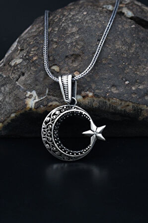 Ay Yıldızlı (AYYILDIZLI) 925 Ayar Gümüş Kolye Zincir Siyah Mikro Taş Süslemeli 901144