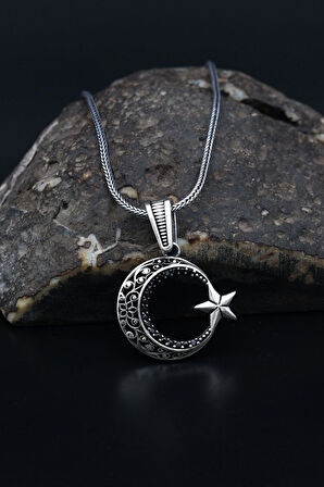 Ay Yıldızlı (AYYILDIZLI) 925 Ayar Gümüş Kolye Zincir Siyah Mikro Taş Süslemeli 901144