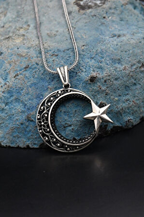 Ay Yıldızlı (AYYILDIZLI) 925 Ayar Gümüş Kolye Zincir Siyah Mikro Taş Süslemeli 901144