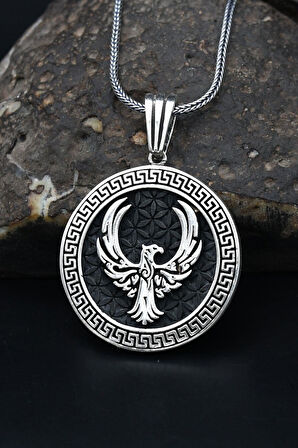 Anka kuşu Figürlü Grek Desenli 925 Ayar Gümüş Kolye Zincir 901145